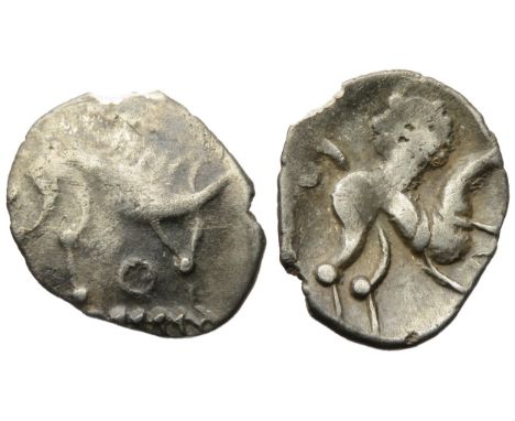 Corieltavi silver unit South Ferriby boar/horse type. Circa, 50-20 BC. Silver, 17mm, 1.27g. Stylised boar right, pellet and r