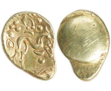 Ambiani Gold Stater, Gallic War uniface type. Circa 60-50 BCE. 22mm, 6.30g. Obverse blank. R. Sinuous horse right, pellet bel