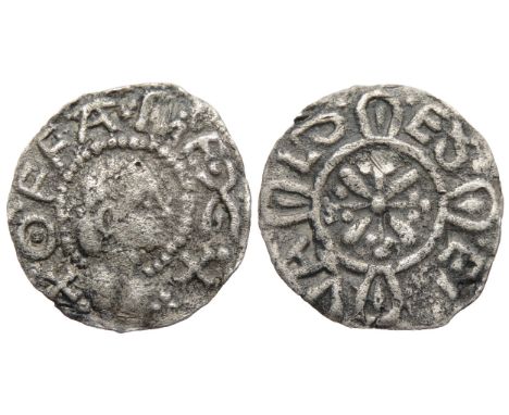 Offa Penny, 780-792 AD. London, portrait floral cross type. Light coinage, 1.06g. 17mm.Â&nbsp;Bare-headed bust right, +OFFA R