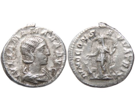 Julia Mamaea Denarius. 221-235 AD. IVLIA MAMAEA AVG, draped bust right. R. IVNO CONSERVATRIX, Juno standing front, head l., h