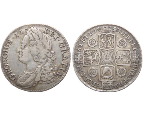 George II Shilling 1743. Silver, 5.92g. 26mm. Old laureate and draped bust left, GEORGIUS II DEI GRATIA. R. Crowned cruciform