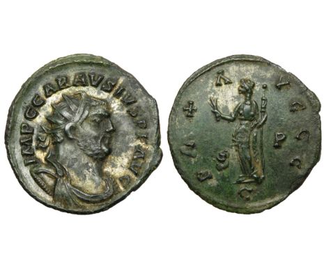 Carausius antoninianus. Circa 286-293 AD. Colchester mint, 292-3 AD. Billon, 2.75g. 23mm. Radiate and draped bust right, IMP 