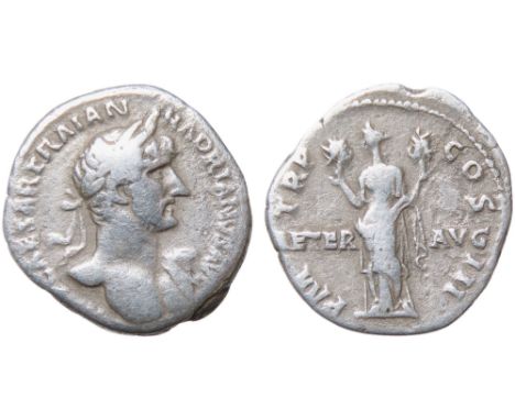 Hadrian Denarius. 119-220 AD. Rome mint. Laureate bust right, drapery on far shoulder. IMP CAESAR TRAIAN HADRIANVS AVG. R.P M