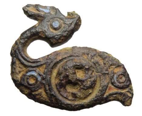 Romano-British Enamelled Dragonesque Brooch. Circa 1st century CE. 9.18g. 38mm. Decorated with a central boss and a ring and 