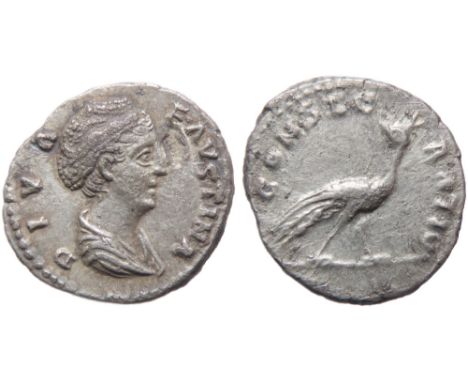 Faustina Denarius (DIVA), 141-161 AD, struck under Antoninus Pius. Draped bust right, DIVA FAVSTINA. R. CONSECRATIO, Peacock 