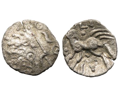 Dobunni silver unit. Eisu, 20-43 AD. Silver, 14mm. 0.91g.Â&nbsp;Crude head right, pellet triads for hair, pellet in ring for 