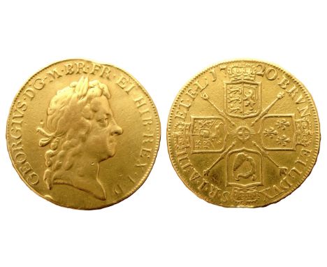George I Gold Five Guineas. 1720. 41.30g. 38mm. Laureate bust right, GEORGEIVS DG M BR FR ET HIB REX F D. R. Crowned crucifor