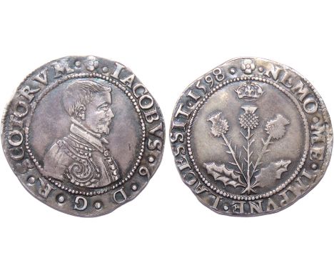 SCOTLAND. James VI. 1567-1625. Ten Shillings â€“ Thistle Merk, 31mm. 5.99g. Seventh coinage. Edinburgh mint. Dated 1598. Armo
