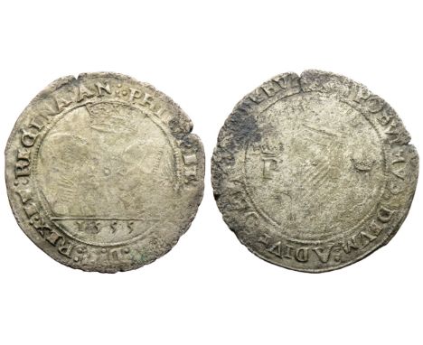 Philip &amp; Mary Irish Shilling. 1554-1558 AD. Base silver issue, 1555. Busts face to face beneath crown, date below. R. Cro