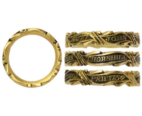 Gold Mourning Ring. Dated 1756. Gold. 4.92g. 19mm x 3mm, ring size UK H; US 4. mm. A cast ring formed of three panels within 