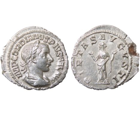 Gordian III Denarius. 241 AD. Laureate and draped bust right, IMP GORDIANVS PIVS FEL AVG. R. PIETAS AVGVSTI, Pietas standing,