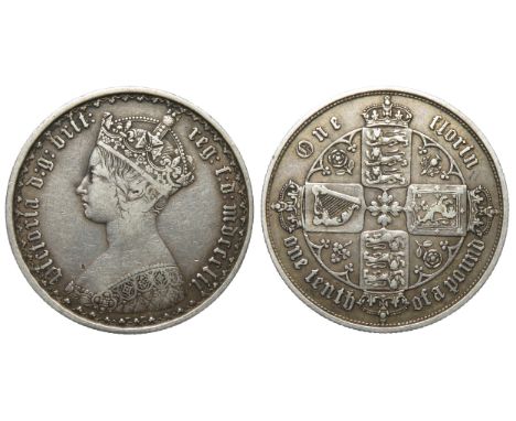 Victoria Gothic Florin 1852. Cowned bust left, VICTORIA D G BRIT REG F D MDCCCLII. R. Crowned cruciform shields. Silver, 11.3