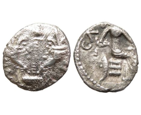 Regini and Artebates: Verica Cornucopias silver unit. Circa 10-40 AD. Pinecone wand between two cornucopia, wine cup below, C