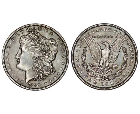 USA 1889 Morgan Dollar. Liberty head left,Â&nbsp;E Â· PLURIBUS Â· UNUM LIBERTY. R.Â&nbsp;Eagle holding arrows and an olive br
