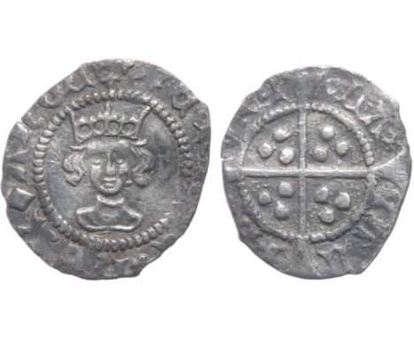 Henry VI Halfpenny. Pinecone-mascle issue, 1431-32/3 AD. Calais mint. Crowned facing bust, +HENRIC REX ANGL. R. Cross with pe