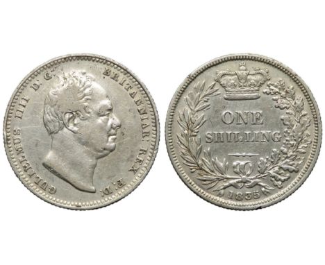 William IV Shilling 1835. Silver, 5.60g. 24mm. Bare head right, GULIELMUS IIII D G BRITANNIAR REX F D. R. Crown over ONE SHIL