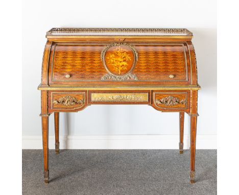 A Louis XVI mahogany marquetry and parquetry bureau a cylindre, attributed to Francois Linke after the model by Jean Henri Ri