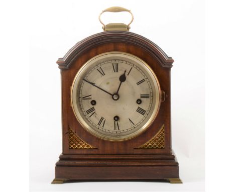 A Regency style mahogany bracket clock, circa 1900, silvered dial, Westminster striking movement on five gongs, backplate no.