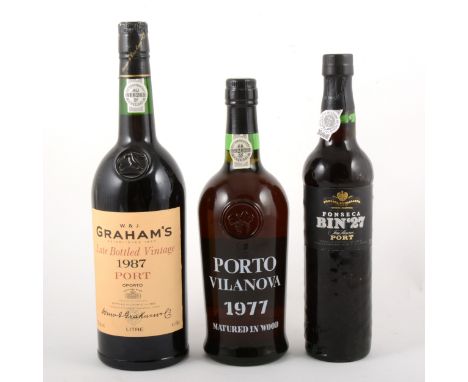 Three bottles of assorted Port, including Graham's LBV 1987 vintage, 1L, 20% vol; Porto Vilanova 197, matured in wood, 75cl, 