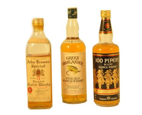 Assorted blended Scotch whiskies including Green Highlander Fine Old Scotch Whisky, 5 Years old, Thai import label; 100 Piper