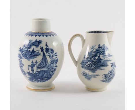 A Caughley blue and white sparrow beak jug, printed Fishermen pattern, crescent mark, 11cm; and a First Period Worcester ovoi