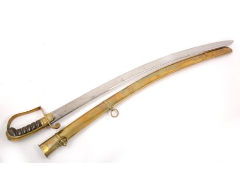 A 1796 pattern cavalry sabre, 76cm broad steel blade, brass guard with horn grip, in a brass scabbard with two suspension rin