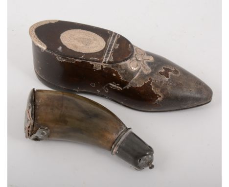 A George III novelty snuff box, designed as a shoe, Cordiners of Potterrow 1806, damaged 16 cm; and another horn snuff box.