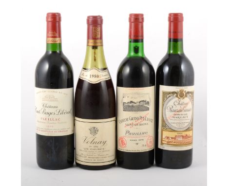 Four bottles of French vintage wine including: Henri Boillot, 'Les Chevrets', Volnay 1er cru, 1980; Ch Haut-Bages Liberal, Pa