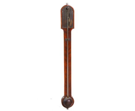 A George III mahogany stick barometer, signed Shuttleson, London, with brass chart, strong outlines, hemispherical cistern co