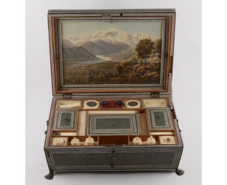 An Indo-Persian inlaid sandalwood sarcophagus-shaped workbox, probably Vizigatapan, mid 19th century, with banding and string