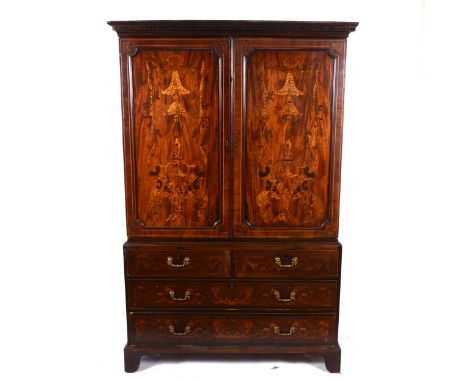A George III mahogany press cupboard, later marquetry decoration, keeper and cornice, two panelled doors to the upper section