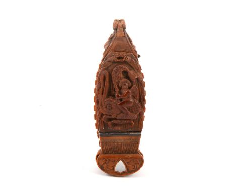 A carved coquilla nut snuff box, designed as the French ship-of-the-line Victoire, 18th Century, 11cm, damage and losses.