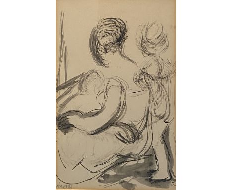 Ana Bron, Woman with children, signed in pencil, en grisaille drawing with ink, 19cm x 14cm; and a study of a woman's head, p