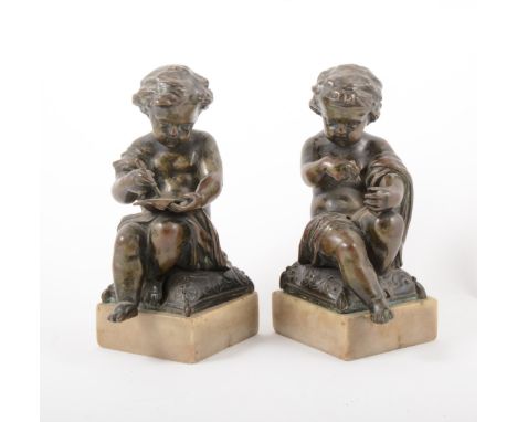 Follower of Claude Michel Clodion, A pair of bronze figures of seated children on cushions, one incomplete, square alabaster 