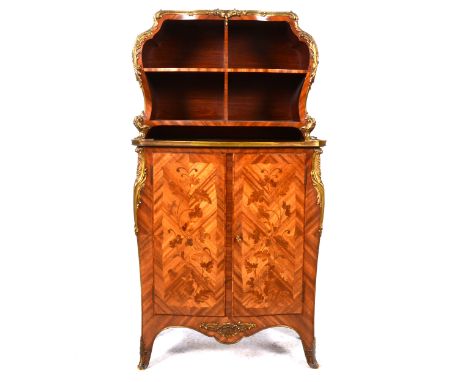 A Louis XV style mahogany kingwood and marquetry cartonnier, gilt metal appliques, serpentine cabinet base, with two doors, i