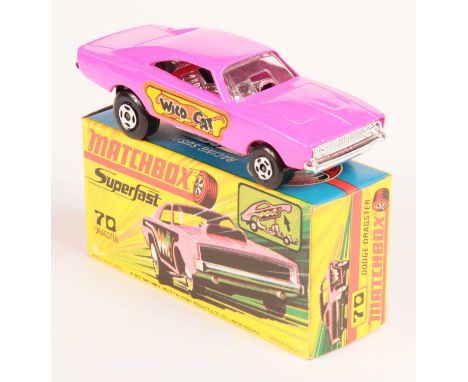 Matchbox Superfast 70b Dodge Charger Dragster - pink body with RARE TYPE 2 "WILD CAT" LABELS, gloss black base, large diamete
