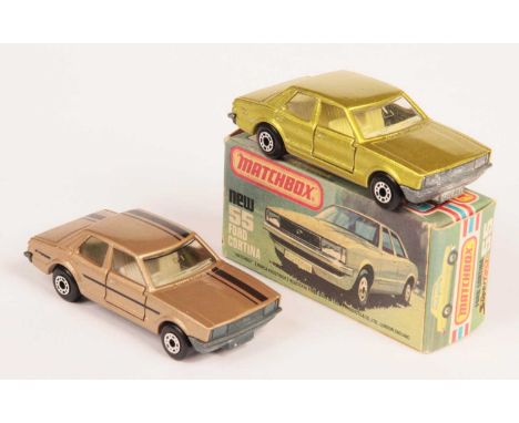 Matchbox Superfast 2 x 55d Ford Cortina - (1) RARE METALLIC PEARL LIME GREEN BODY, clear windows, pale yellow interior, bare 