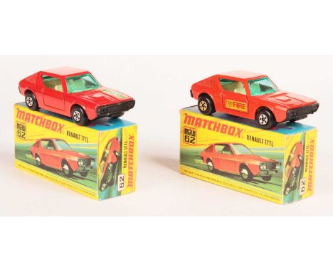 Matchbox Superfast 2 x 62c Renault 17TL - both are turquoise green windows, ivory interior, matt black base - (1) burnt orang