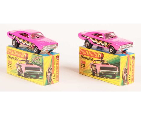 Matchbox Superfast 2 x 70b Dodge Charger Dragster - both are pink body with light green snake labels, small diameter 5-spoke 