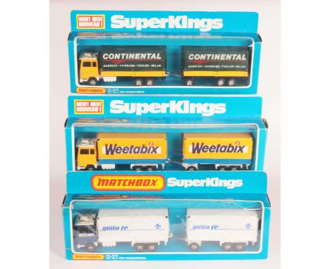 Matchbox Super Kings 5x K-21 Ford Transcontinental Truck &amp; Drawbar Trailer. (1) "Santa Fe" dark blue &amp; white with Mal