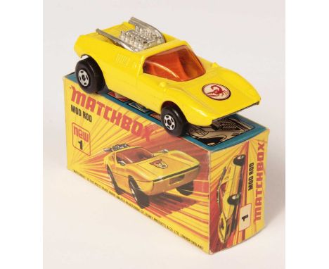 Matchbox Superfast 1b Mod Rod - lemon yellow body WITH RARE SCORPION NOSE LABEL, dark amber windows, orange interior, bare me