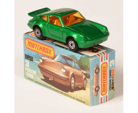 Matchbox Superfast 3c Porsche 911/930 Turbo - metallic emerald green body, RARE AMBER WINDOWS, dark yellow interior, RARE MET