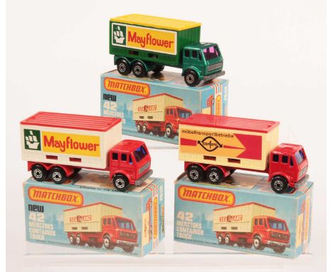 Matchbox Superfast 3 x 42c Mercedes Container Truck - all are bare metal base - (1) "Confern" red cab &amp; chassis, dark blu