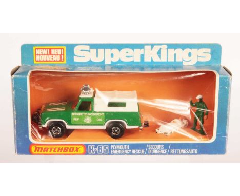 Matchbox Super Kings K65 Plymouth Trail Duster Emergency Rescue Unit German export issue "Bergrettungswacht" - dark green bod