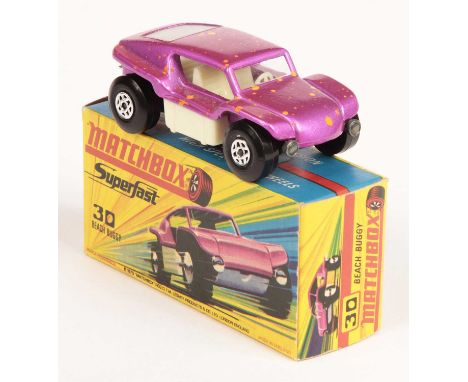 Matchbox Superfast 30b Beach Buggy - metallic candy pink body with low splatter of orange spots, clear windows, RARE IVORY IN