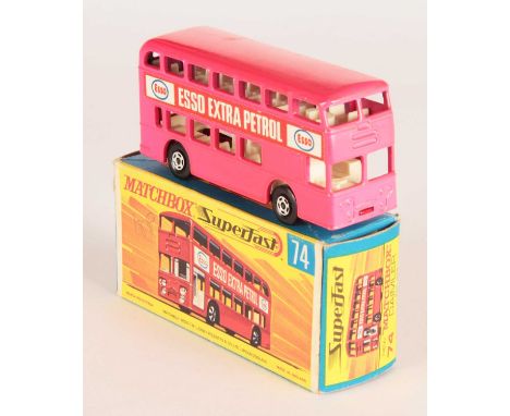 Matchbox Superfast 74a Daimler Fleetline Bus "Esso Extra Petrol" - dayglo pink body, red base &amp; rear engine cover, hollow