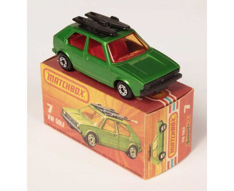 Matchbox Superfast 7c Volkswagen Golf - metallic emerald green body, light amber windows, RARE RED INTERIOR, graphite grey ba