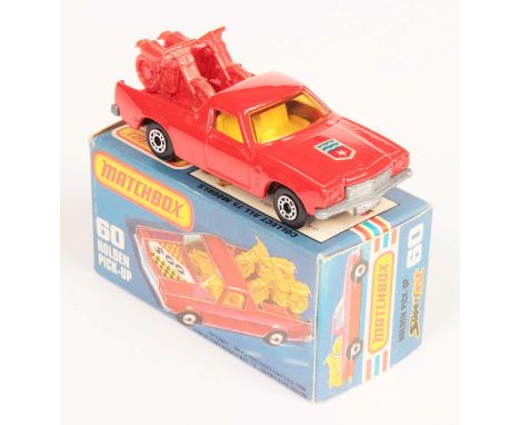Matchbox Superfast 60c Holden Pick-Up Truck - red body WITH RARE ADVENTURE 2000 SHIELD HOOD LABEL, light amber windows, pale 