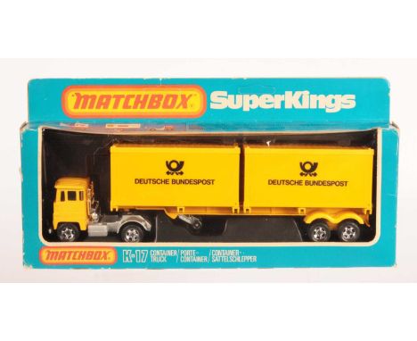 Matchbox Super Kings K-17 Scammell Crusader Twin Container Truck "Deutsche Bundespost" German Export Issue. Yellow Cab, silve