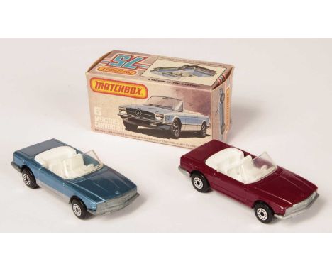 Matchbox Superfast 2 x Mercedes 350SL Convertible - both are clear windscreen, white interior, 5-arch wheels - (1) metallic b